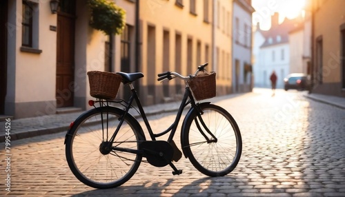 Bicycle is parked on a cobblestone street ,sunset in the background,3D illustration created with generative ai. © cd