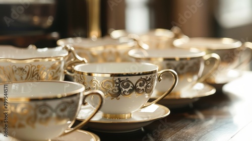 A display of delicate porcelain teacups adorned with elegant engraved designs in gold and silver..