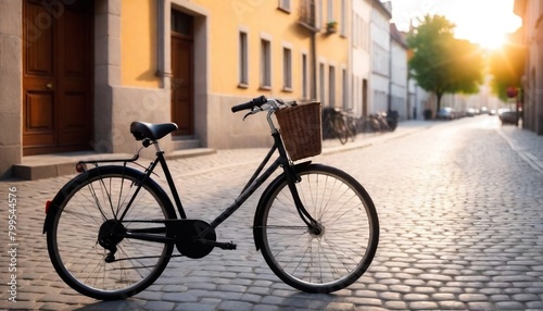 Bicycle is parked on a cobblestone street ,sunset in the background,3D illustration created with generative ai.