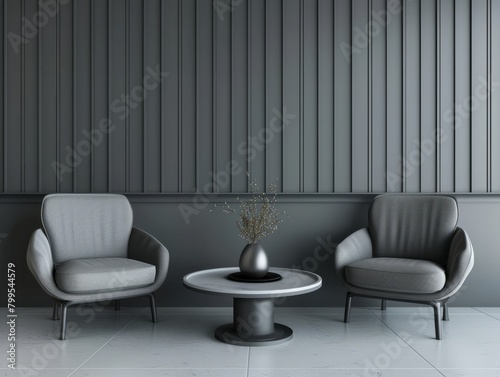Two grey lounge chairs and round coffee table against grey paneling wall. Minimalist home interior design of modern living room. 