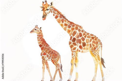A lovely watercolor painting of a baby giraffe standing next to its mother, tall and endearing, minimal watercolor style illustration isolated on white background