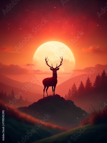 a deer on a mountain with the moon behind it