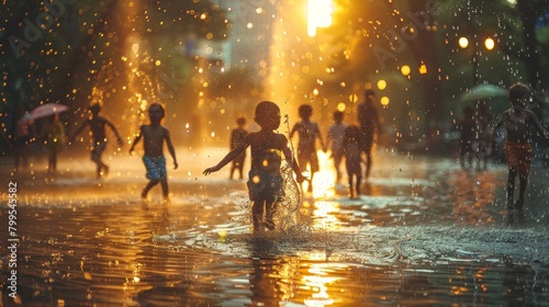 Children Playing Under Public Sprinklers in a City During a Heatwave - Joyful and Necessity of Finding Relief