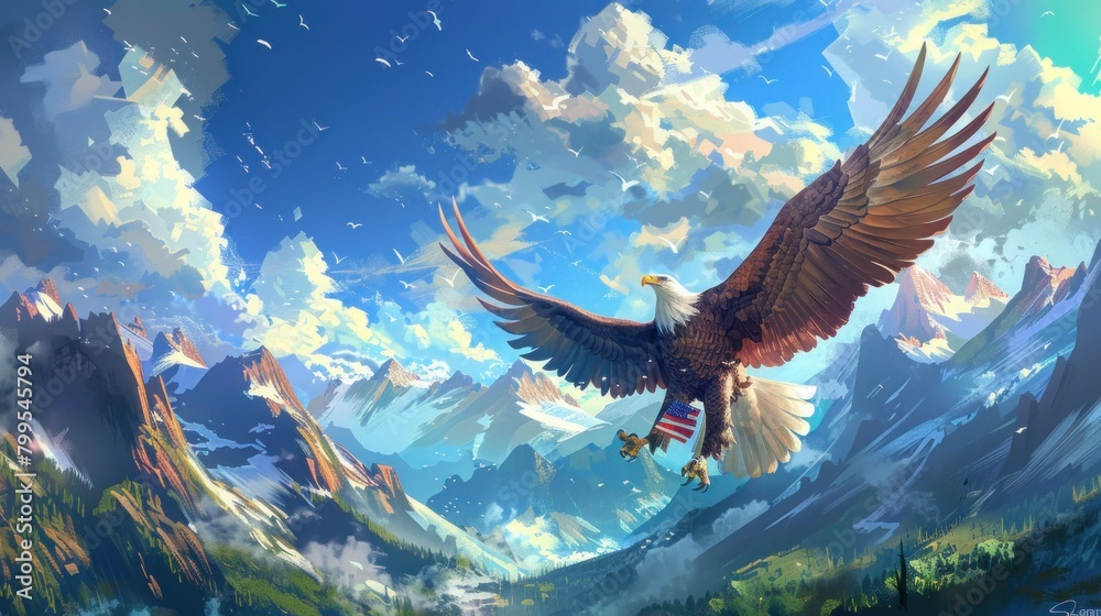 A powerful mockup featuring an illustration of a bald eagle with its wings outstretched, clutching a folded American flag in its talons A powerful mockup featuring an illustration of a bald eagle with its wings outstretched, clutching a folded American flag in its talons