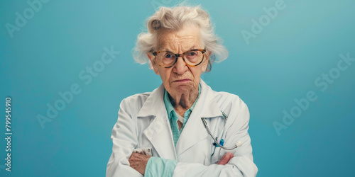 Ugly evil old woman doctor furious with the patient on blue background. photo