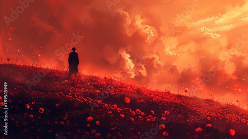 silhouette of a soldier standing atop a hill, looking out over a field of poppies, symbolizing the enduring legacy of sacrifice and remembrance.