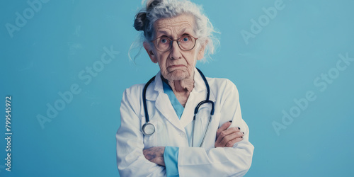 Ugly evil old woman doctor furious with the patient on blue background. photo