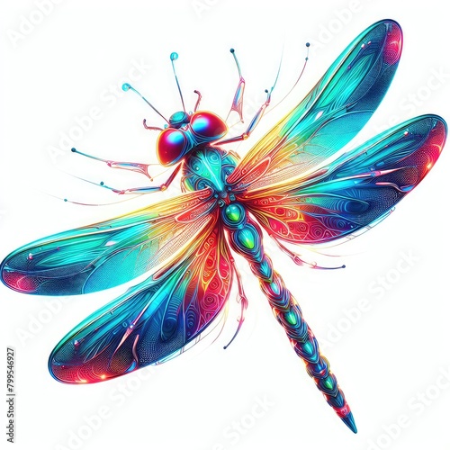 Bright dragonfly with neon shades isolated on a white background