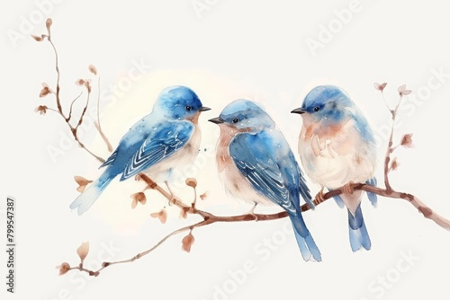 Lovely little bluebirds perched on a delicate branch, depicted in a clean watercolor painting, minimal watercolor style illustration isolated on white background