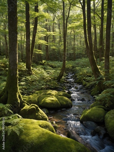 Gentle stream winds through moss-covered forest floor, sunlight filtering through tall trees. Vibrant green moss blankets rocks, creating serene scene of untouched nature.