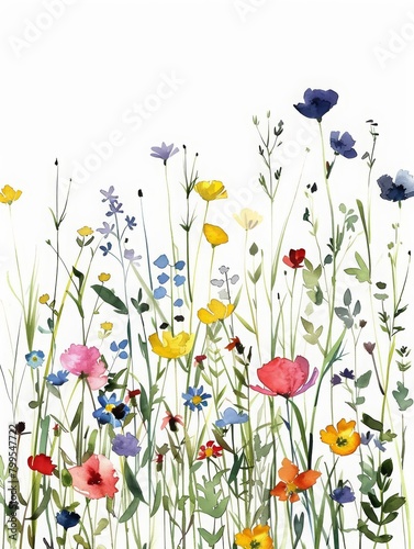 Watch a pretty watercolor painting of wildflowers scattered across a meadow, engaging and natural, minimal watercolor style illustration isolated on white background © Watercolor_Kawaii