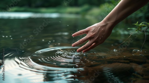 Closeup of a woman s hand touching the lake water  causing ripples. A concepts of cleansing  nature  environment and sustainability hyper realistic 
