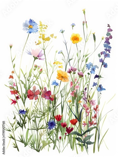 Watch a pretty watercolor painting of wildflowers scattered across a meadow, engaging and natural, minimal watercolor style illustration isolated on white background
