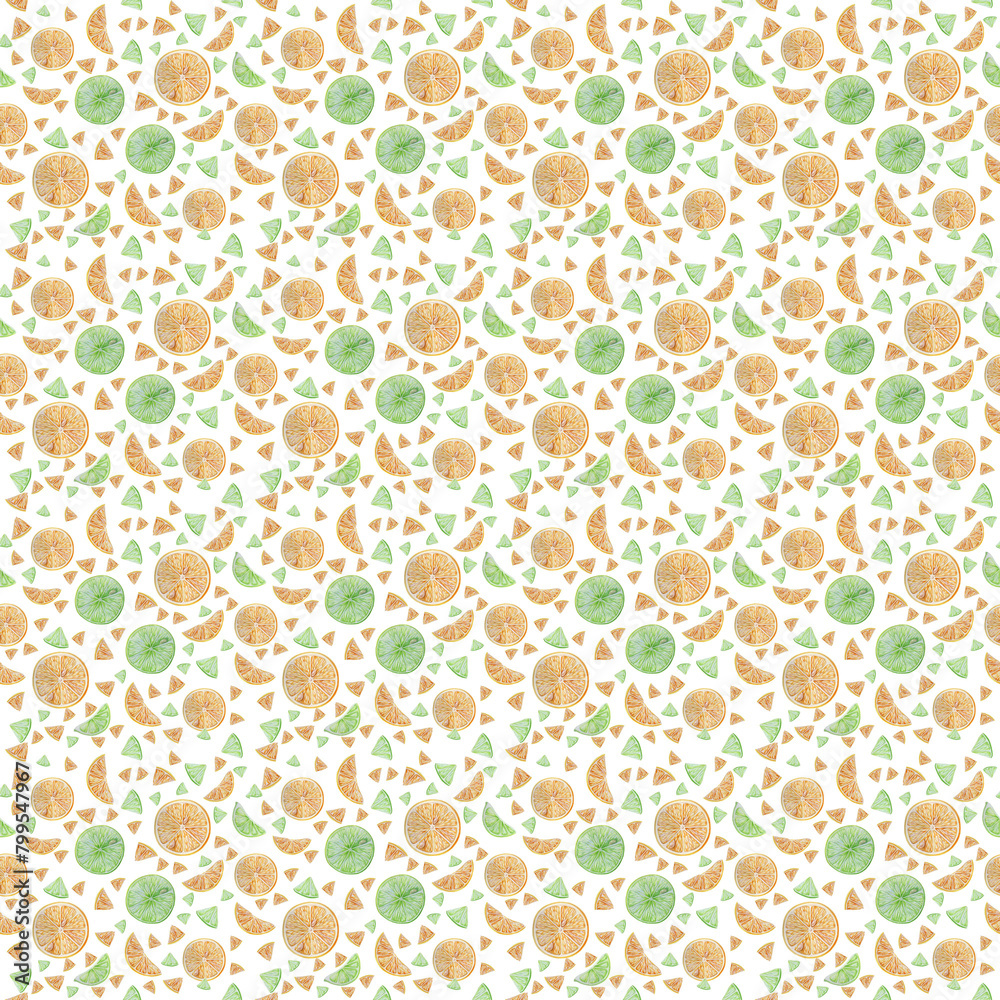 Seamless pattern with cut citrus. Orange and green slices of lime, lemon, orange and mandarines. Works for scrapbooking, wallpaper design, decoupage etc. On white background. On white background. 