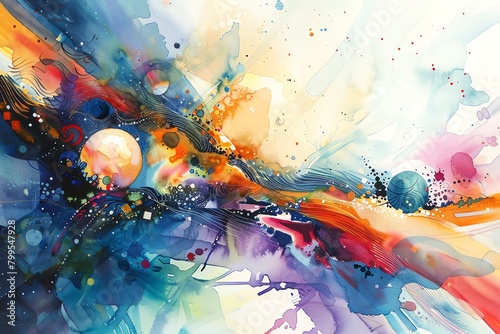 Create a mesmerizing fusion of space exploration and musical expressions in a dreamlike watercolor landscape Use vibrant hues to depict otherworldly orchestral scenes that evoke a photo