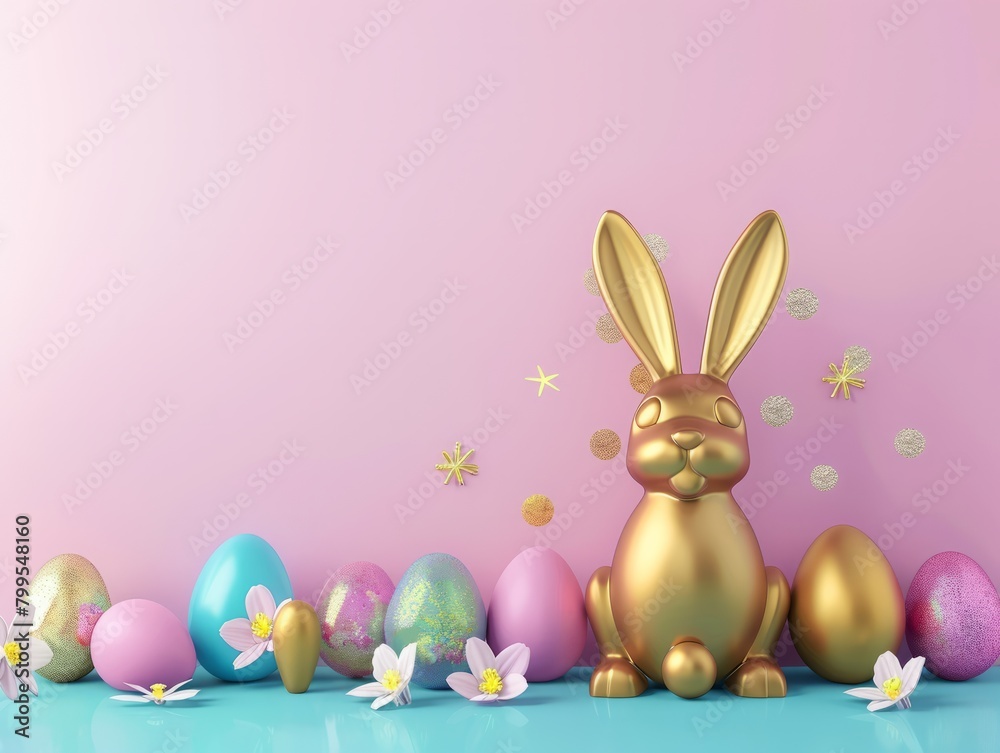 Obraz premium Gorgeous minimalist Easter backdrop adorned with vibrant eggs, a golden ceramic Easter bunny, and generous space for text in the center 