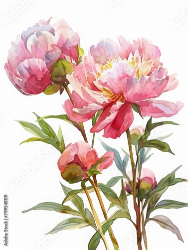 A clean watercolor painting of peonies in bloom  lush and lovely  minimal watercolor style illustration isolated on white background