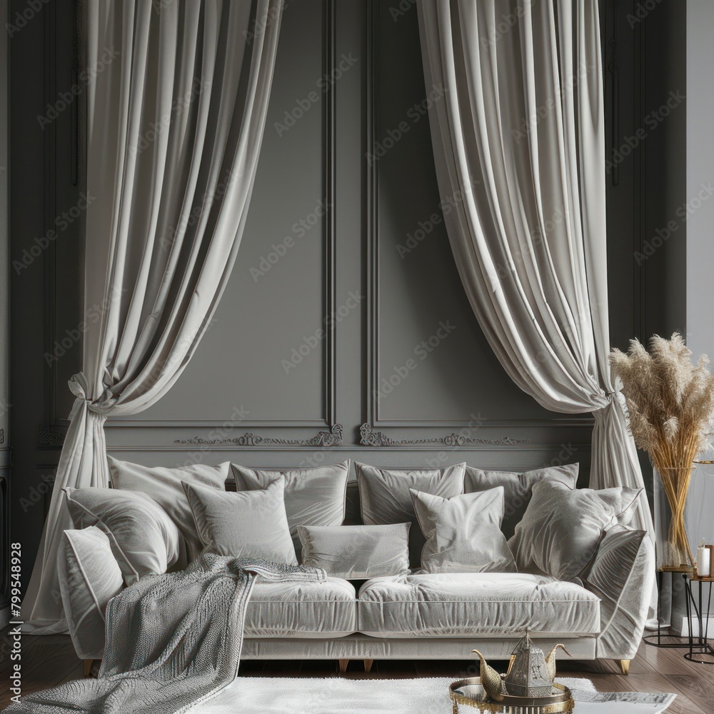 The middle room of the apartment with gray walls with luxurious and harmonious gray furniture interior displays a lively atmosphere with a minimalist concept, modern style appearance in the house The middle room of the apartment with gray walls with luxurious and harmonious gray furniture interior displays a lively atmosphere with a minimalist concept, modern style appearance in the house