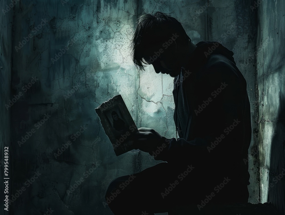 Solitary figure shrouded in shadow, clutching a weathered photograph, with dim lighting reflecting the isolation and weight of depression 