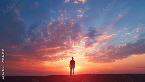 Silhouette of person standing against vibrant sunset sky with clouds © Artyom