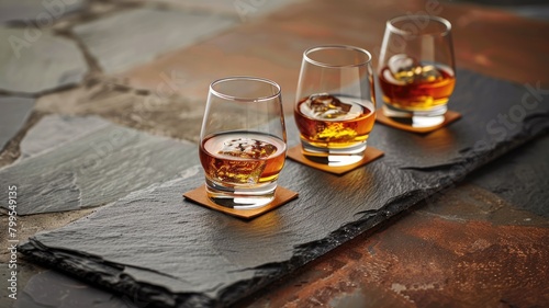 Three whiskey glasses with amber liquor on slate coaster