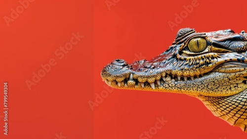 Close-up of crocodile head against red background