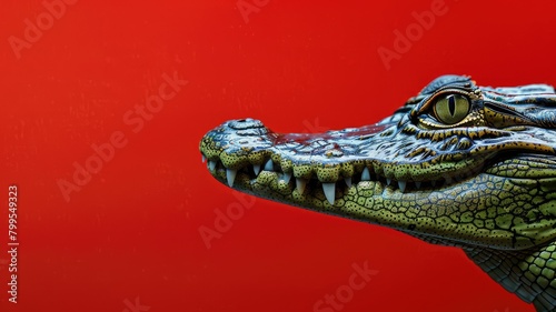 Close-up of crocodile with detailed skin texture on red background