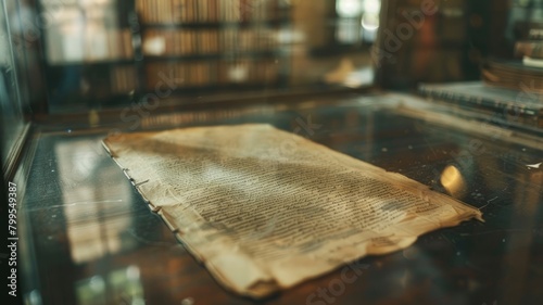 Ancient manuscript on display in glass case with library shelves blurred background photo
