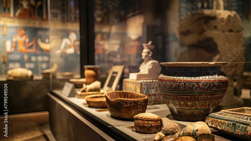 Ancient Egyptian artifacts displayed in museum exhibit, including pottery and sculptures photo