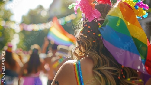 Person with rainbow flag at pride parade in sunlight