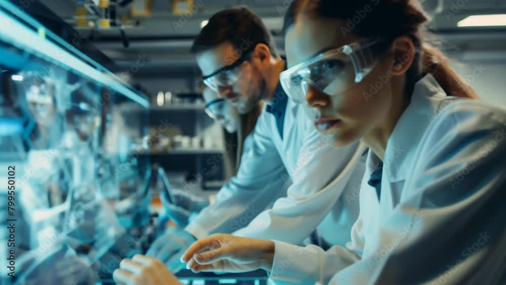 Team of scientists in a high-tech lab analyze data on a transparent digital screen, focused on making new discoveries. Team of scientists in a high-tech lab analyze data on a transparent digital screen, focused on making new discoveries.