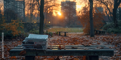 Newspapers are folded and stacked on chairs in the park