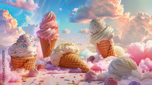 Illustration of a fantasy world of ice cream cones over a cloudy sky.