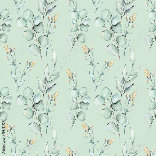 Seamless pattern with watercolor yellow flowers, green leaves and eucalyptus
