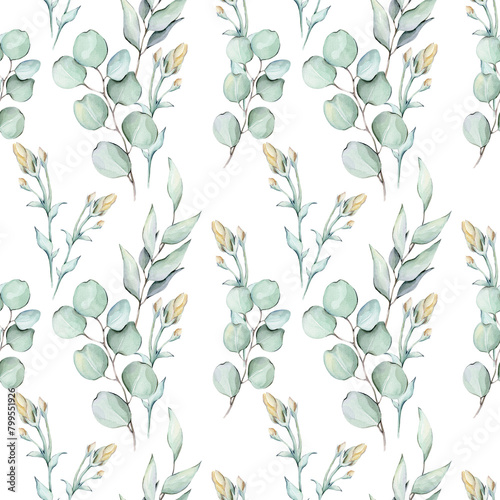 Seamless pattern with watercolor yellow flowers  green leaves and eucalyptus