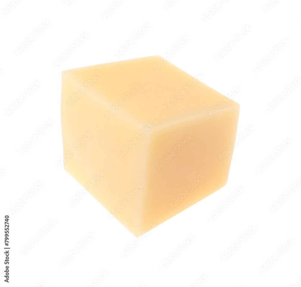 One cube of tasty cheese isolated on white One cube of tasty cheese isolated on white