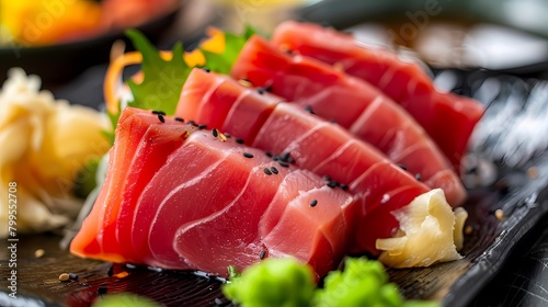 world tuna day. depicts fresh tuna meat served on a plate. good for use as a food and event reference photo
