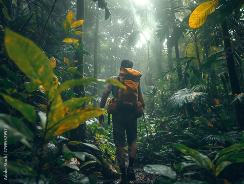 A man is walking through a forest with a backpack on. The forest is lush and green, with sunlight shining through the trees. The man is enjoying his hike and taking in the beauty of nature