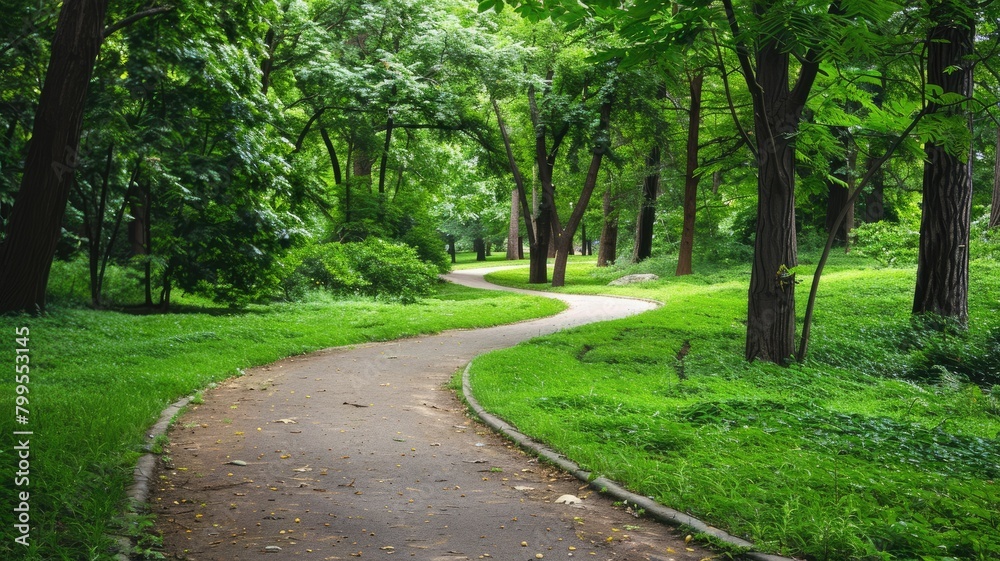 Winding pathway through lush green park with dense trees and scattered fallen leaves