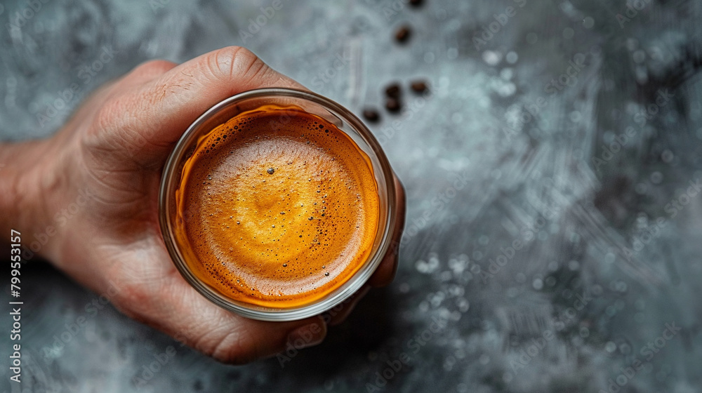 Advertising photo Close-up of a hand in which a glass of espresso Advertising photo Close-up of a hand in which a glass of espresso