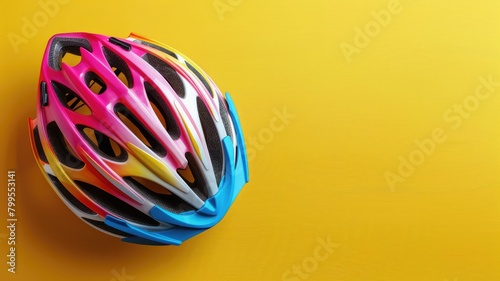 Multi-colored bicycle helmet against yellow background photo