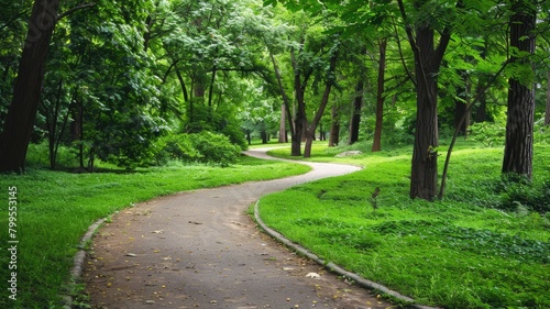 Winding pathway through lush green park with dense trees and scattered fallen leaves © Artyom