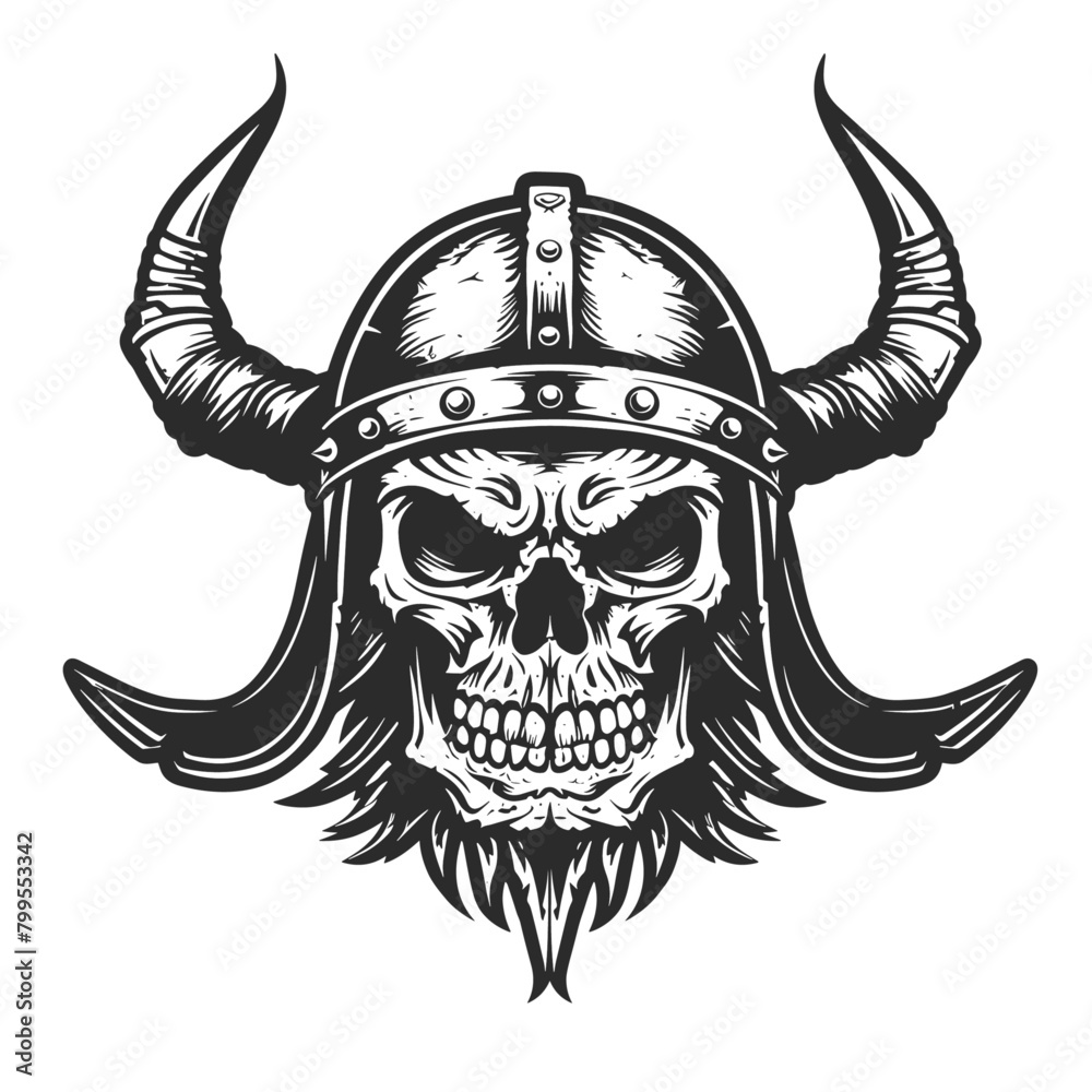 monochrome illustration of a skull donning a Viking helmet, exuding an aura of ancient fierceness monochrome illustration of a skull donning a Viking helmet, exuding an aura of ancient fierceness