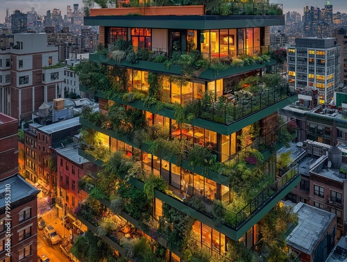 A tall building with a green roof and many windows. The building is lit up at night