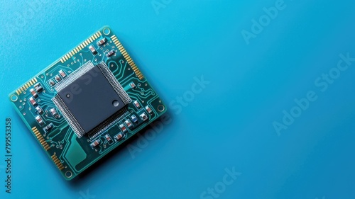 Black square microchip centered on green circuit board with blue background