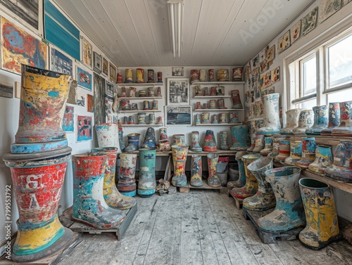 A room filled with many colorful vases and pots. The room is filled with a lot of different colors and shapes © MaxK