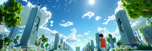Anime City Silhouette with a lot of tall buildings and trees, Serenity in the City