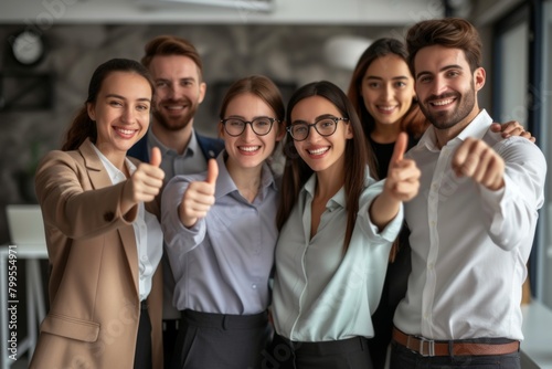 Group of young business people standing in office and showing thumbs up.