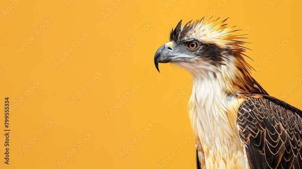 Close-up of majestic eagle against orange background, showing detailed plumage and sharp beak Close-up of majestic eagle against orange background, showing detailed plumage and sharp beak