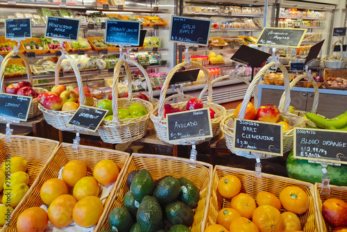 Apple, avocado and lemon for sale in the supermarket